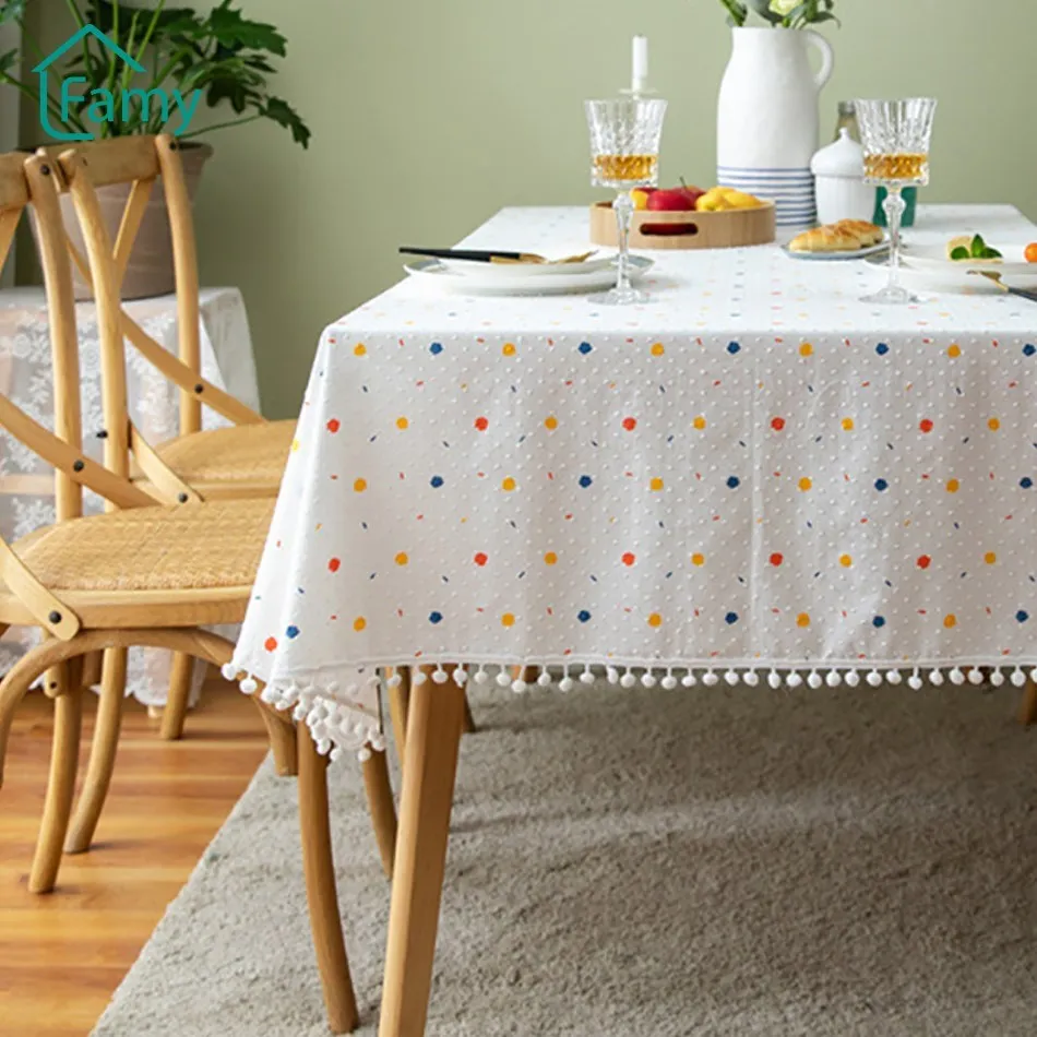 

French White Tablecloth Coffee Table for Living Room Geometric Cotton Hairball Tassel Lace Table Cloth Mesas De Centro Para Sala