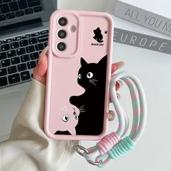Black Cat Lanyard Phone Case with Wrist Chain Strap Cover - S22 Ultra (XG305 - Pink - SS)