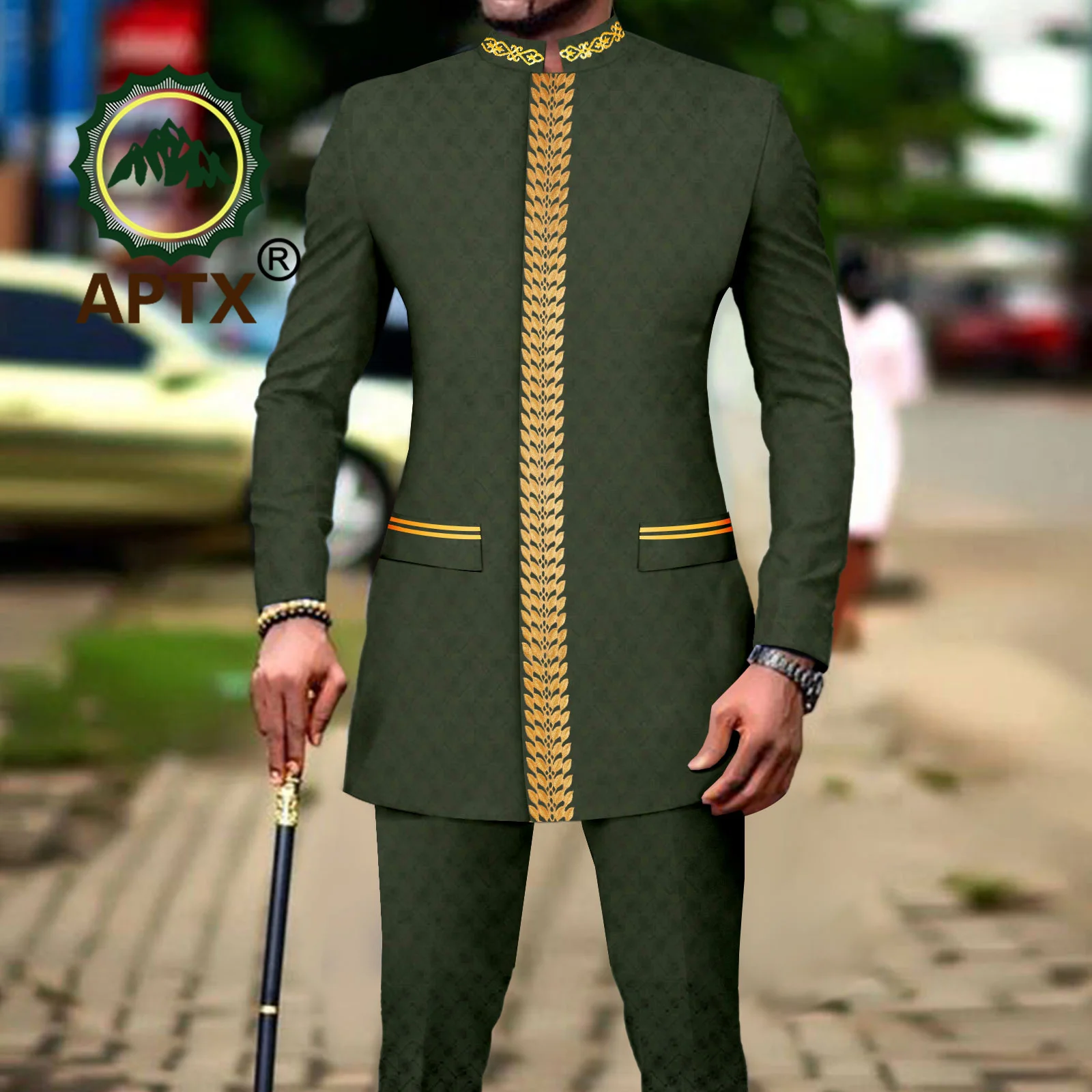 African Men Clothing Bazin Riche Men Suit 2-Piece Set Stand Collar Single Breasted Jacket Blazer Pants Party Wedding 2416082 5