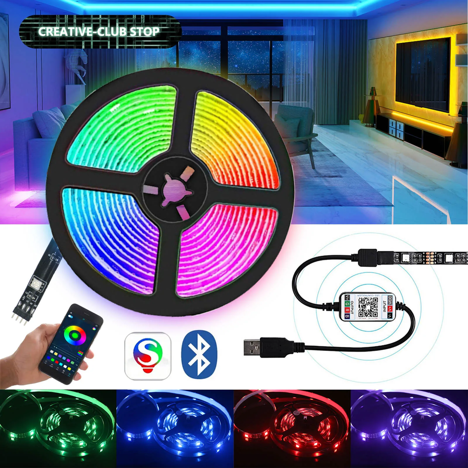 

Светодиодная лента RGB с управлением через приложение, меняющие цвет свет с пультом на 24 кнопки, режим 5050 для украшения комнаты, Bluetooth TV 5050 RGB
