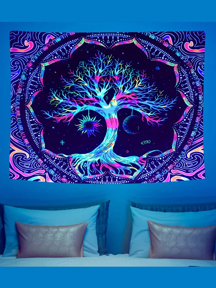 Description Picture 6 of item1Pcs 75x58cm Tree of Life Tapestry BlackLight Sun Moon Stars Galaxy Colorful Hippie Psychedelic Bedroom Dorm Decor Aesthetic