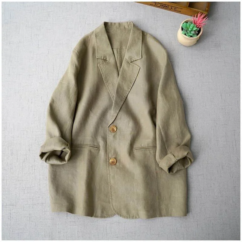 

Cotton Linen Blazers for Women Vintage Long Sleeve Casual Korean Style Outerwears Mid Length Tailored Collar Coats Women Tops