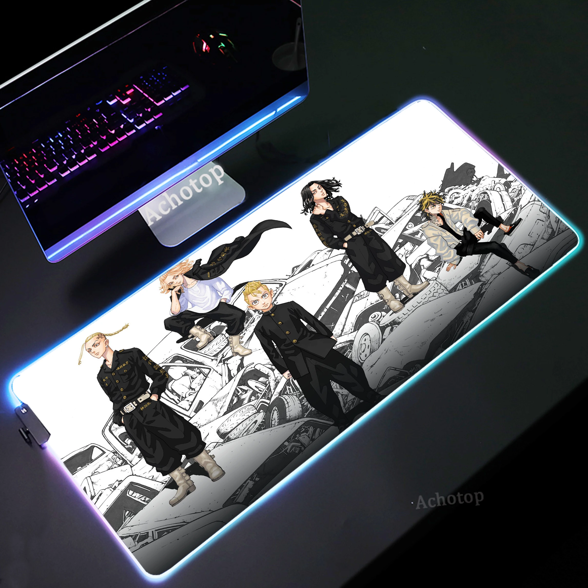 

RGB Mouse Pad Tokyo Revengers LED Luminous Desk Mat Locking Edge Mouse Mats Rubber Keyboard Mat Gaming Accessories Mousepad XXL