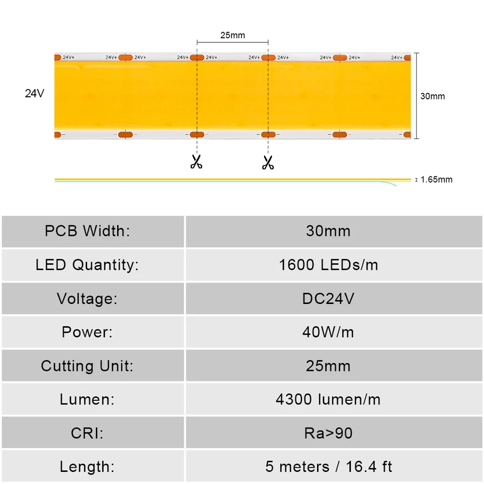 Striscia LED, COB Nastri DC 12V 5M 320 LEDs/M Totale 1600