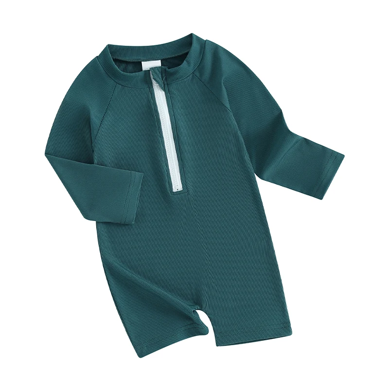 Toddler Boy Girl Jumpsuit Swimsuit Solid Color Long Sleeve Round Neck Front Zipper Bathing Suit
