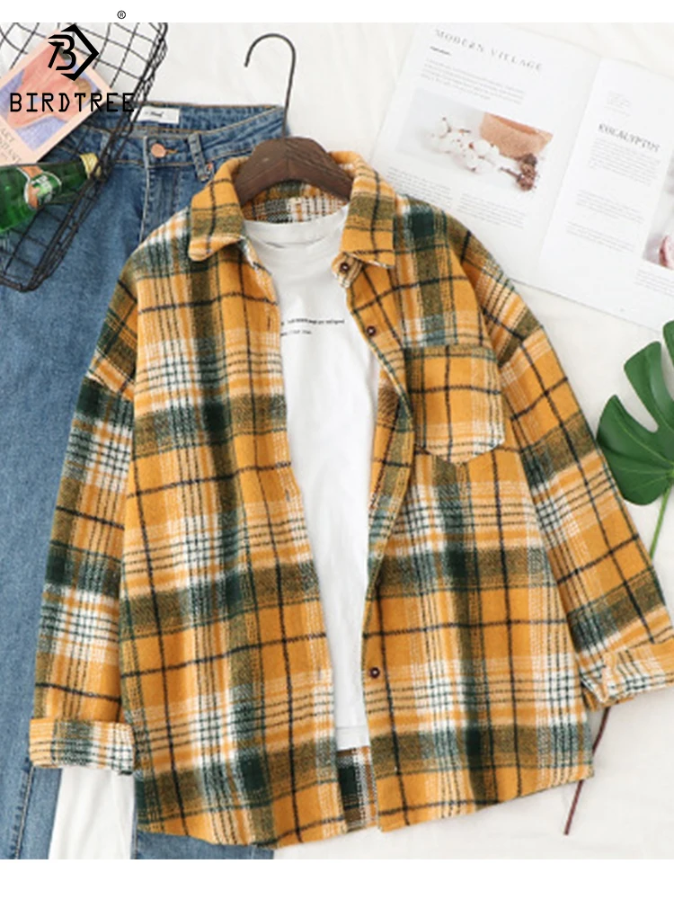 

New Autumn Cotton Shirt Thickened Women Classic Plaid Lapel Long Sleeves Loose Slouchy Style Versatile Commute Blouse T3D570QD