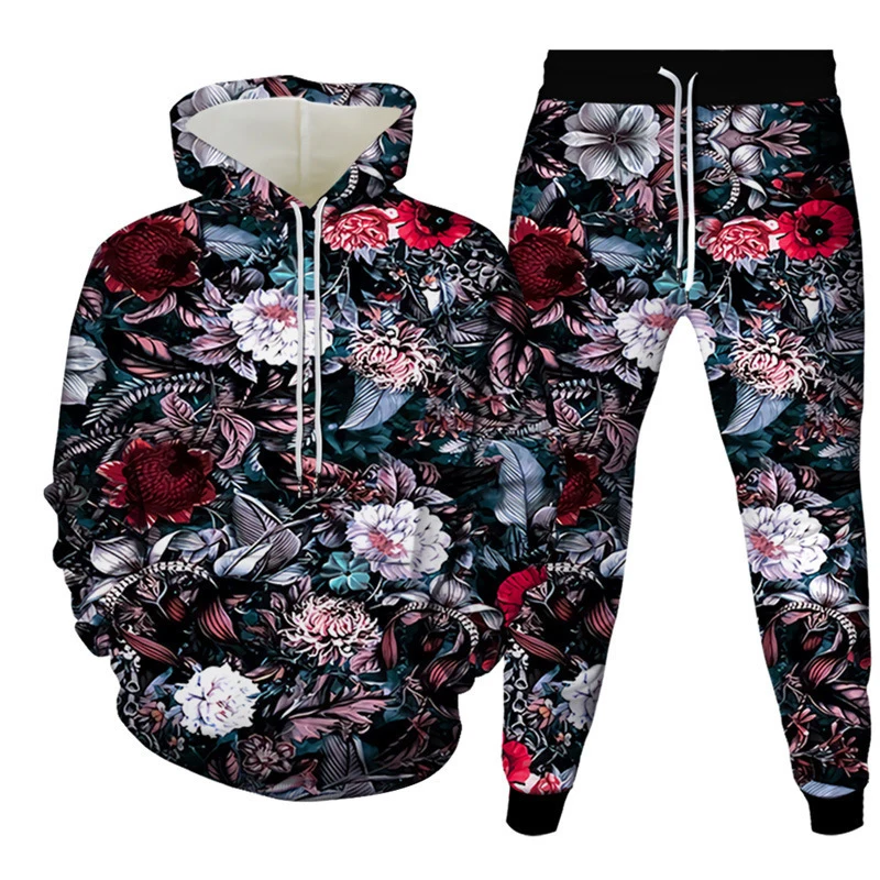 Mens Floral Hoodie Sweatpants Tracksuit