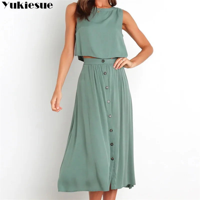 

Women Dress Two Piece Sets 2023 Summer New Outfits Casual Round Neck Sleeveless Tops Elastic Waist Button Fashion Skirt Sets