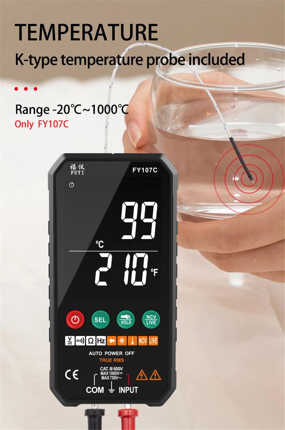 FY107 Professional Digital Multimeter 6000 Counts Tester Ture RMS AC DC NCV Transistor Duty Multimetro Voltage Smart Meter