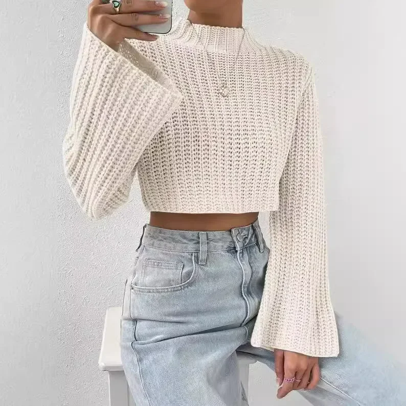 Flared Sleeve Semi High Neck Pullover Sweater