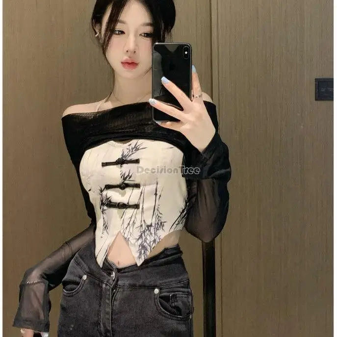 

chinese style suspender camisole female long sleeve camisole hanging neck irregular sleeveless cheongsam top two-piece set s218