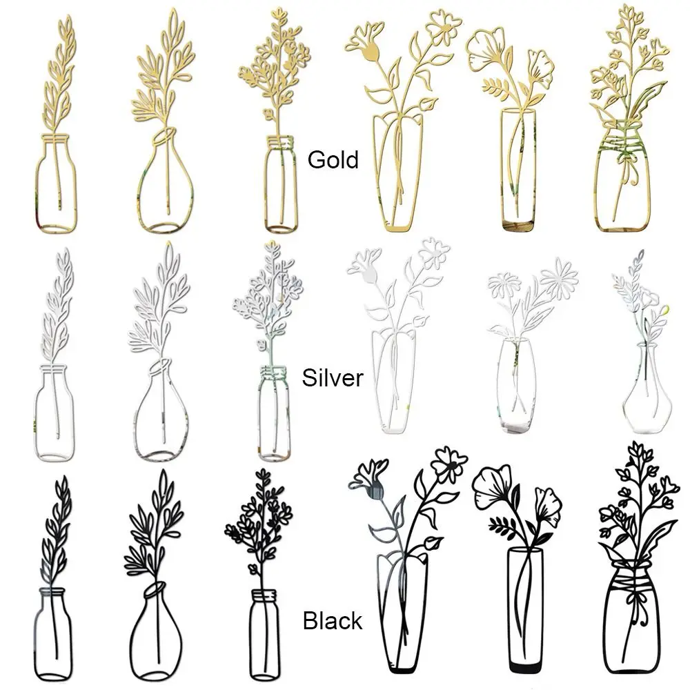 3PCS/Set Acrylic Living Room Ornament Self-adhesive Potting Plant Mirror Surface Decals Wall Stickers 3D Flower Vase