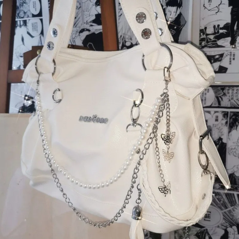 MBTI Original Y2k Womens Handbag White Goth Pearl Chains Fashion Tote Bag Aesthetic Large Capacity Designer Daily Shoulder Bag