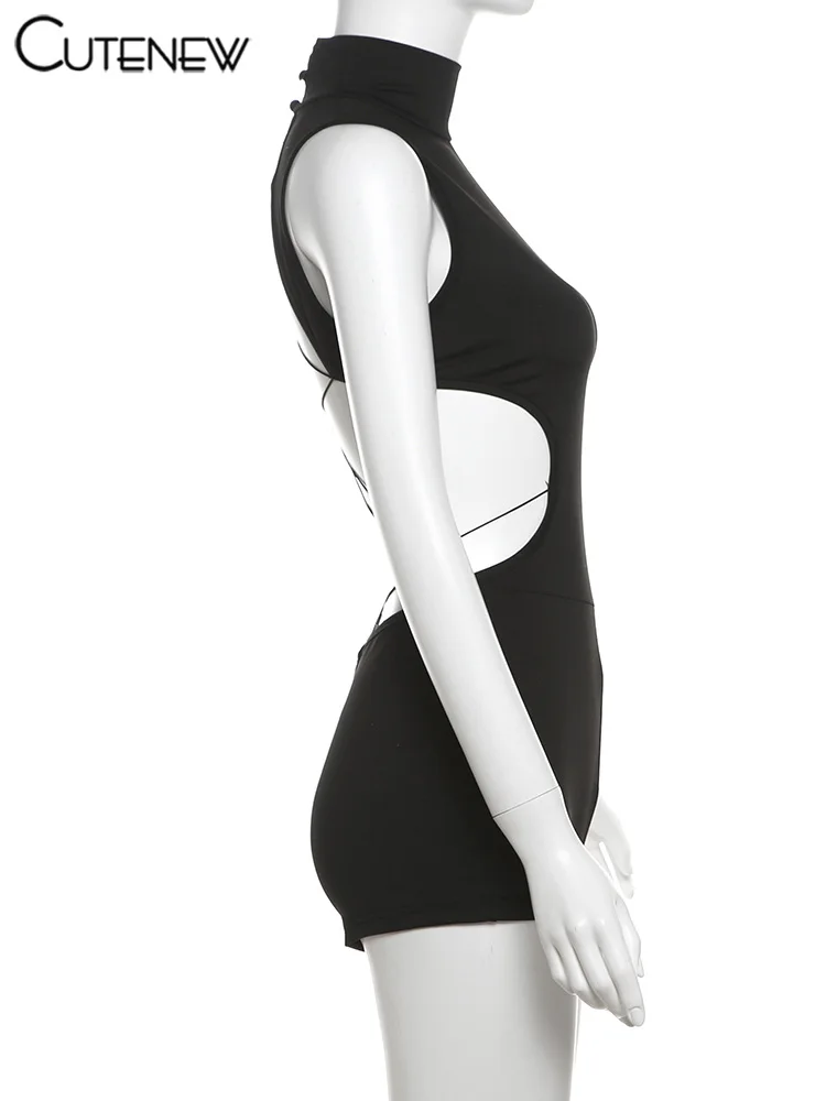 Monos sexys con espalda hueca para mujer, monos sólidos impresionantes sin mangas con cuello alto que moldean el cuerpo, ropa de calle elegante Y2K para mujer