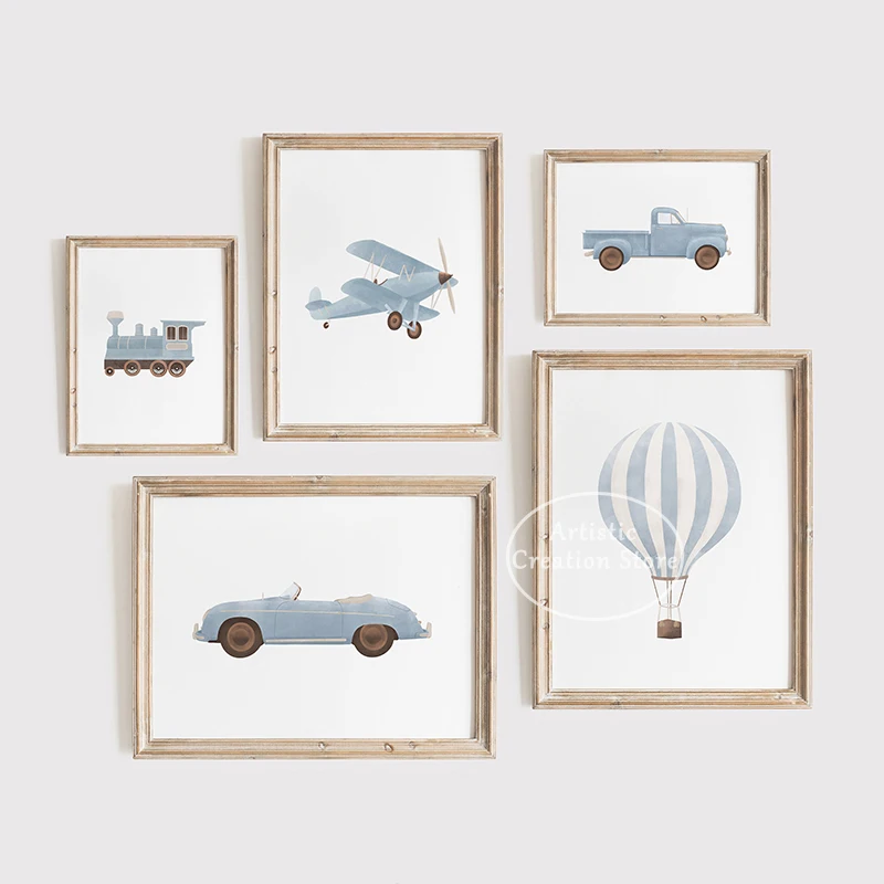 Vintage Travel Boy Nursery Wall Art Blue Hot Air Balloon Plane Train Prints Canvas Painting Picture Nordic Bedroom Home Decor