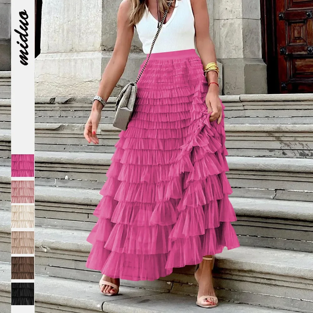

New French Style Women's Autumn Temperament Elegant Solid Color High Waisted Mesh Cake Skirt Fluffy Half Skirt Long Skirt