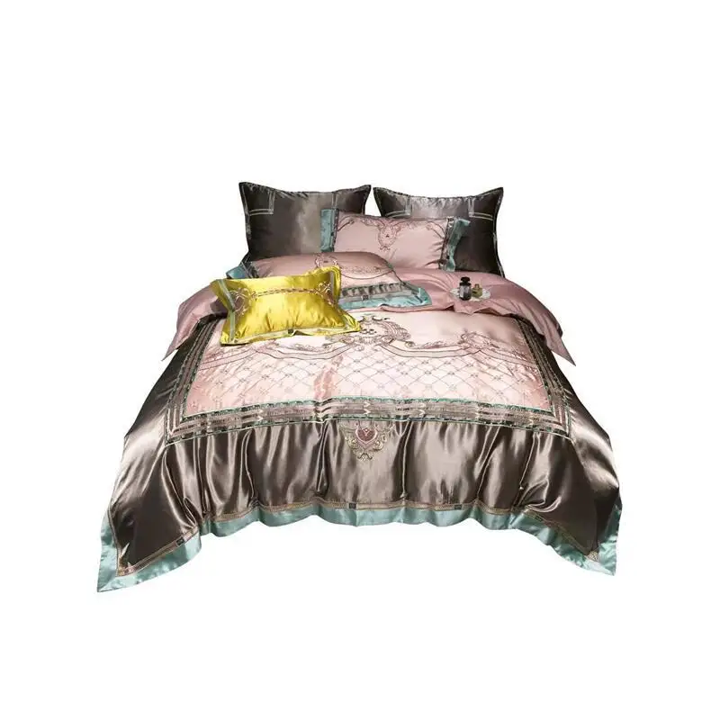 

High-end silk cotton comforter embroidery pink quilt cover 4-piece bedding sets