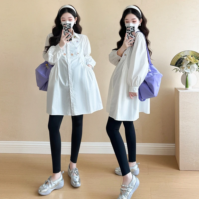 Q82335 출산복 트렌디 자수 한국 드레스 여성 신상품 출산복 임신 중간 길이 임신복