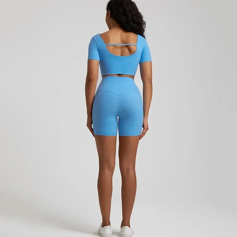 Lemon Soft Women Sport Suit High Waist Short Sleeve T-Shirt 2pc Short Legging Yoga Set Gym Workout Training Jog Hollow Out