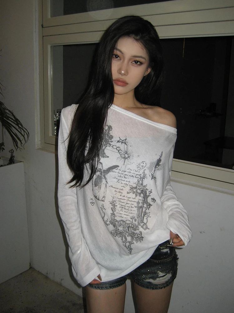Yedinas Korean Fashion Graphic Tees Slightly Transparent T Shirt Women Clothing Long Sleeve Loose T-shirt Streetwear Spring Tops 2