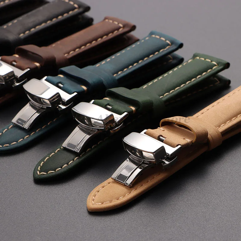 Vintage Crazy Horse Leather Watch Strap with Butterfly Buckle