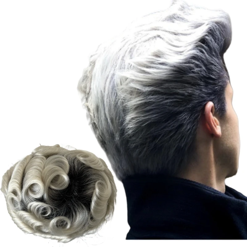 European Virgin Human Hair Replacement 32mm Wave Ombre Platinum Color T1b/#60 Full PU Toupee 8x10 Skin Unit for White Men