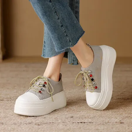 

Thick Sole Loafer Shoes Women 2024 New Lace-up Increase All Matching Casual Shoes Spliced Platform Sole Single Shoes