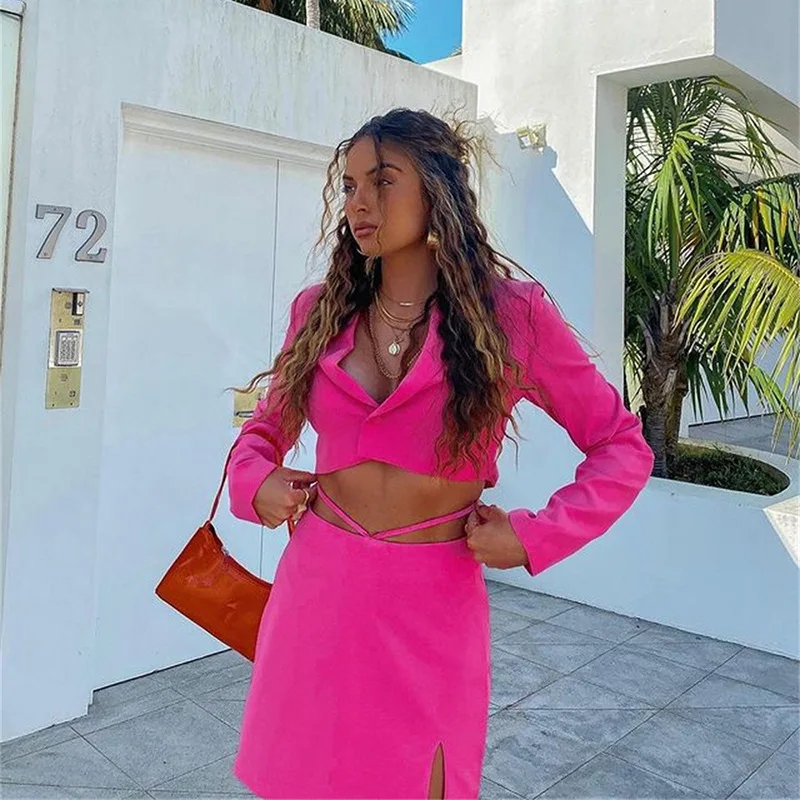 Women Solid Colors Single Breasted Short Blazer Casual Fashion Mini Skirts Set Tassel Diamond Blazer Skirt Suits Two Piece Set
