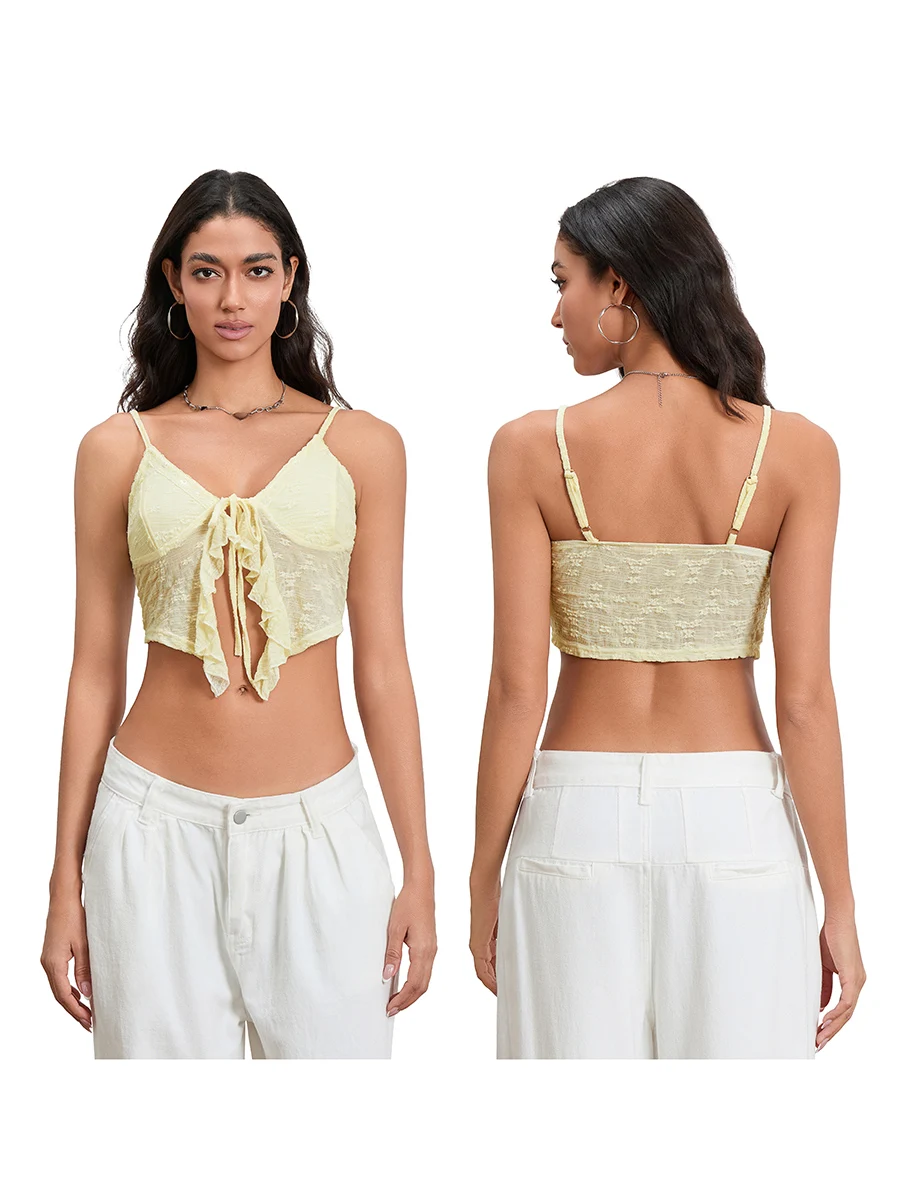 Frauen Tie-up Vorne Leibchen Top Sommer Spitze Trim Spaghetti Strap Tank Tops Ärmelloses Korsett Crop Tops Club Streetwear – Detail 4