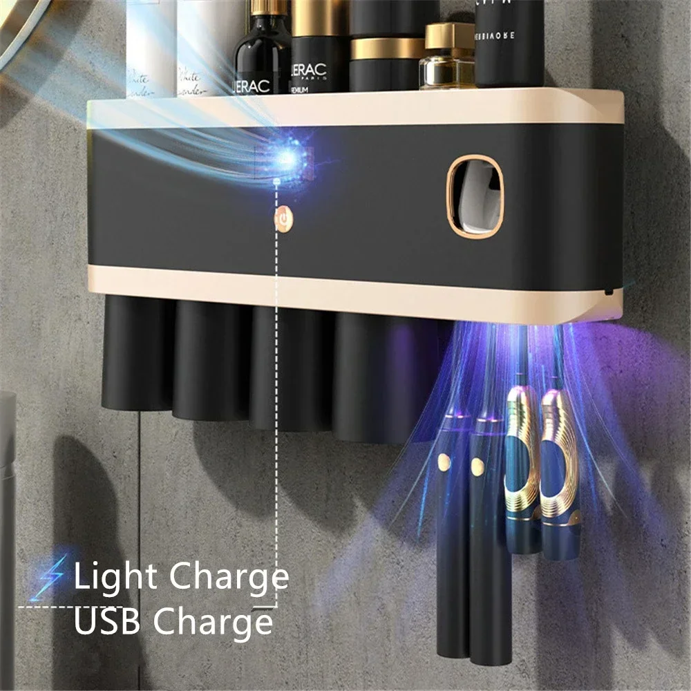 

Punch Toothpaste Household Black Solar Dispenser Bathroom Storage Box Toothbrush Holder Accessory Energy UV Free Set