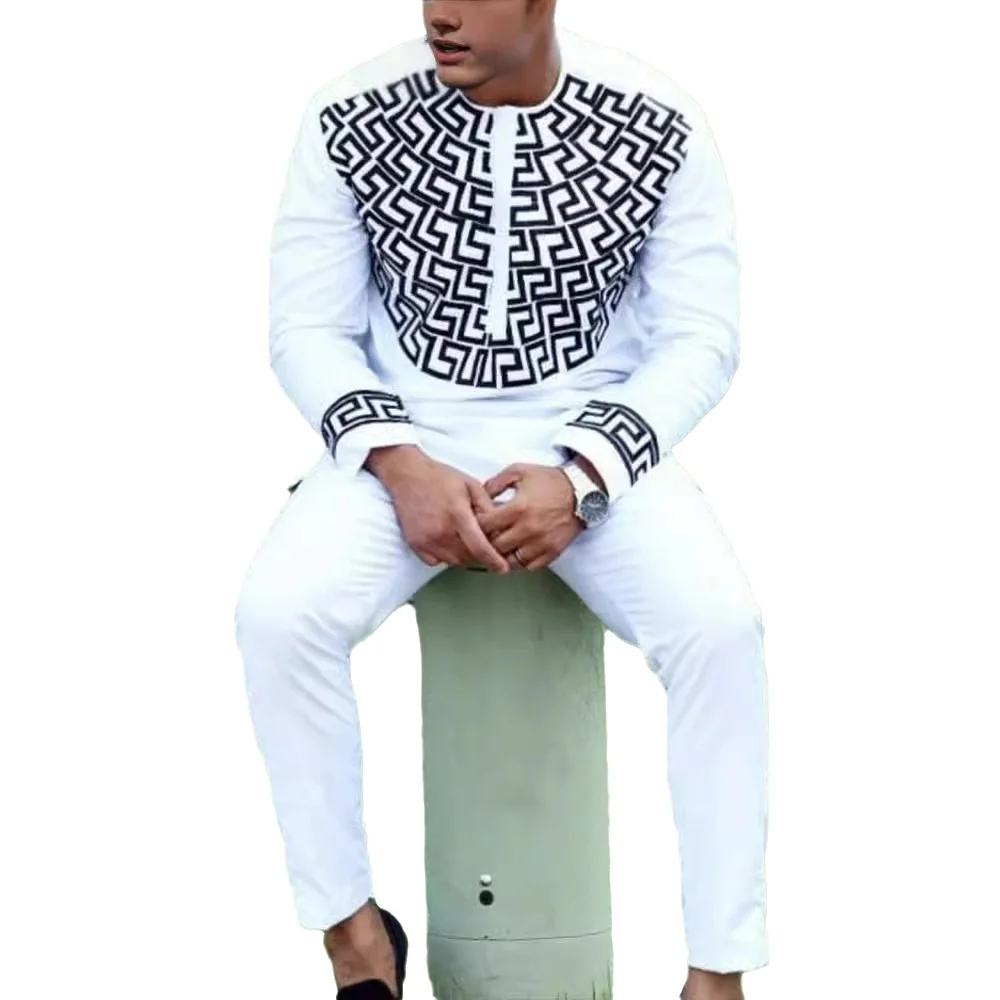 Men's fashion casual white printed long sleeve two-piece set