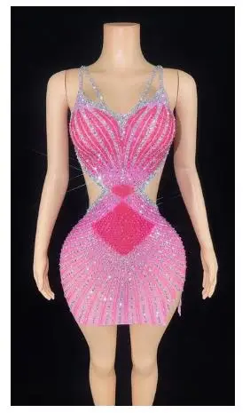 

Sexy Sparkly Rhinestones Short Dress Summer Backless Women Evening Celebriate Birthday Dress Nightclub Outfit Show Stage Wear