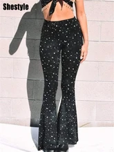 

Shestyle Moon Stars Printed Flare Pants Wome Black Gothic Style Sexy New Arrivals Push Up Casual High Waist Trousers Black