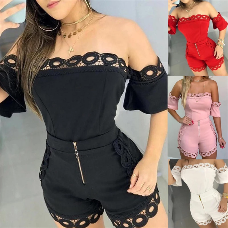 Lace Floral Off Shoulder Tracksuit Women Two Piece Set Summer Clothes Slash Neck Short Sleeve Top Shorts Suit Streetwear Outfits