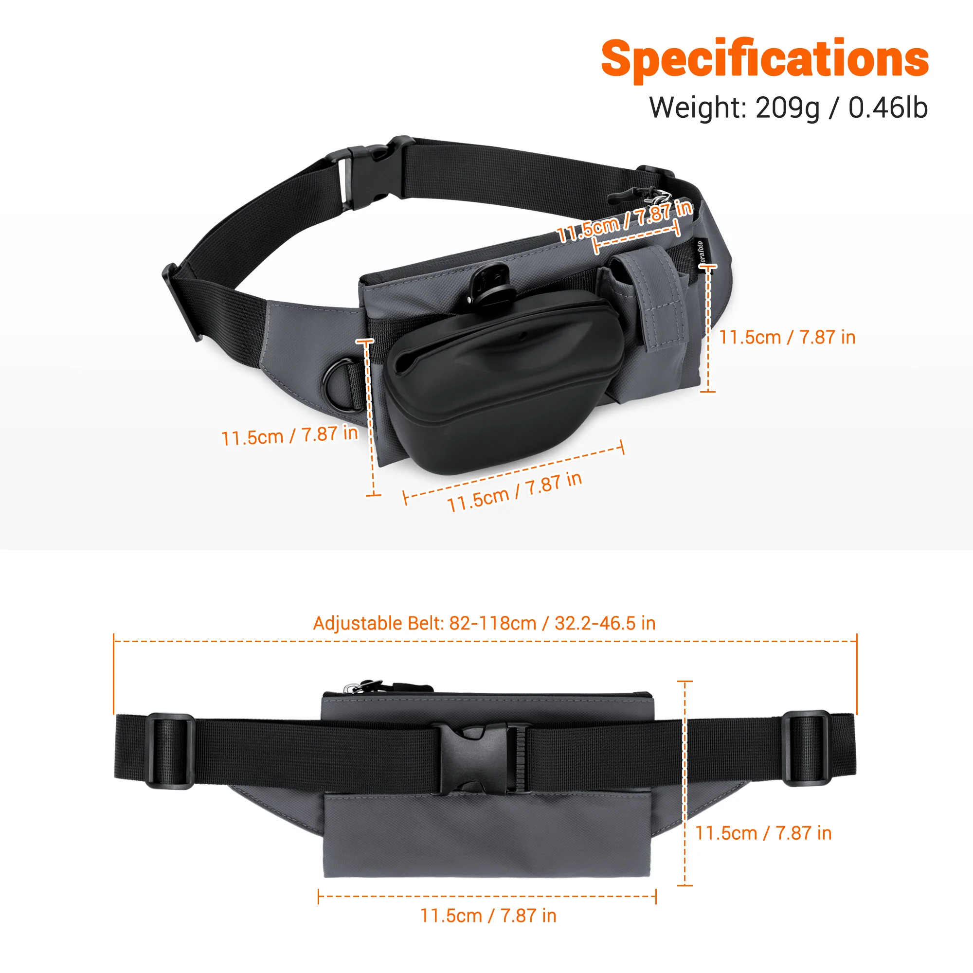 A technical drawing of the dog walking belt showing measurements. The bag is $11.5\text{cm}$ ($7.87\text{in}$) tall and wide, with an adjustable belt ranging from $82\text{cm}$ to $118\text{cm}$ ($32.2\text{in}$ to $46.5\text{in}$). Total weight is $209\text{g}$.