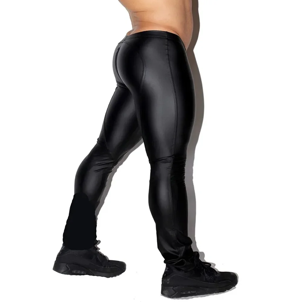 Men PU Leather Leggings Fashion Leather Pants Wetlook Tights Skinny Pouch Open Trousers Clubwear Tight Gay Exotic Costume men leggings
