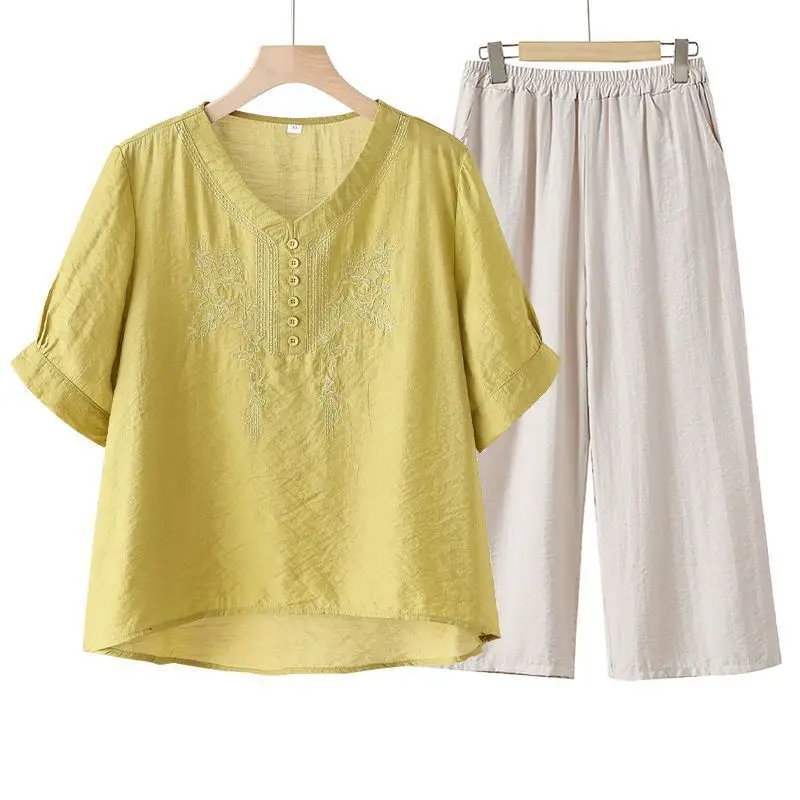 

Spring Summer New Fashion Round Neck Short Sleeved Women's Clothing Casual Solid Color Elastic Waist Capris Loose Matching Sets