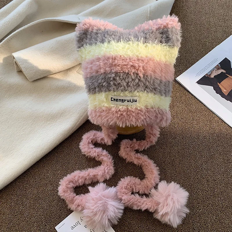 Cat Ear Contrast Stripe Handmade Crochet Plush Beanie Hat Woman Cute Ear Protection Warm Imitation Mink Wool Cap in Winter Hats winter hat,wool hat,knit beanie hat