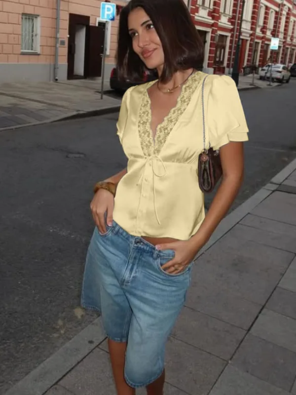 Ahagaga Causal Women Tops Solid Lace -Neck Short Sleeves Satin Slim Button...