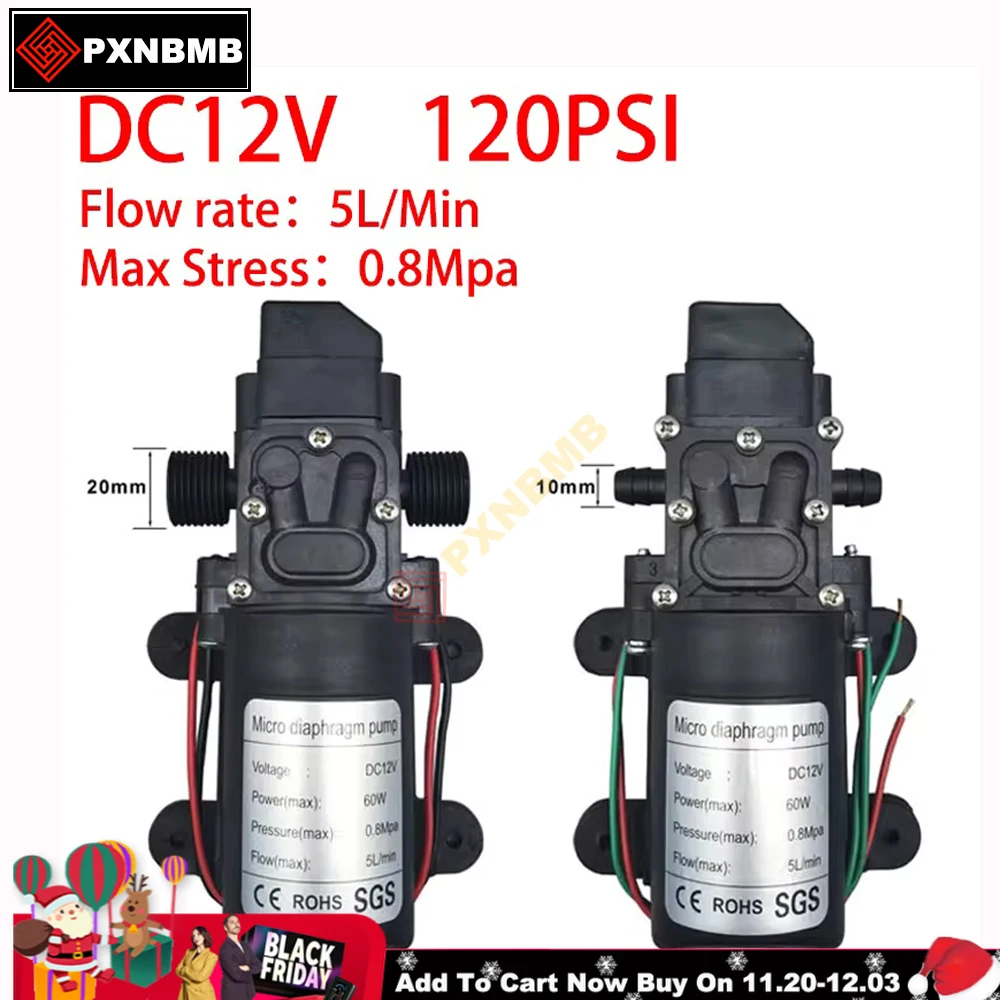 ปั๊มไดอะแฟรมแรงดันสูง DC 12V 120PSI 60W 5 ลิตร/นาที ปั๊มไฟฟ้าขนาดเล็กแบบดูดน้ำเอง สำหรับเครื่องซักผ้า ฉีดพ่นยาฆ่าแมลง 1
