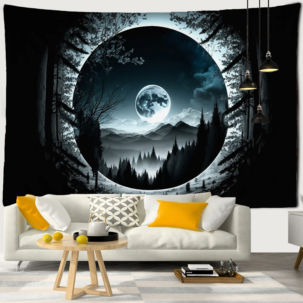 

Black and White Moon Tapestry Starry Sky Forest Scenery Printing Tapestry Wall Beach Blanket Picnic Yoga Mat Living Room Decor