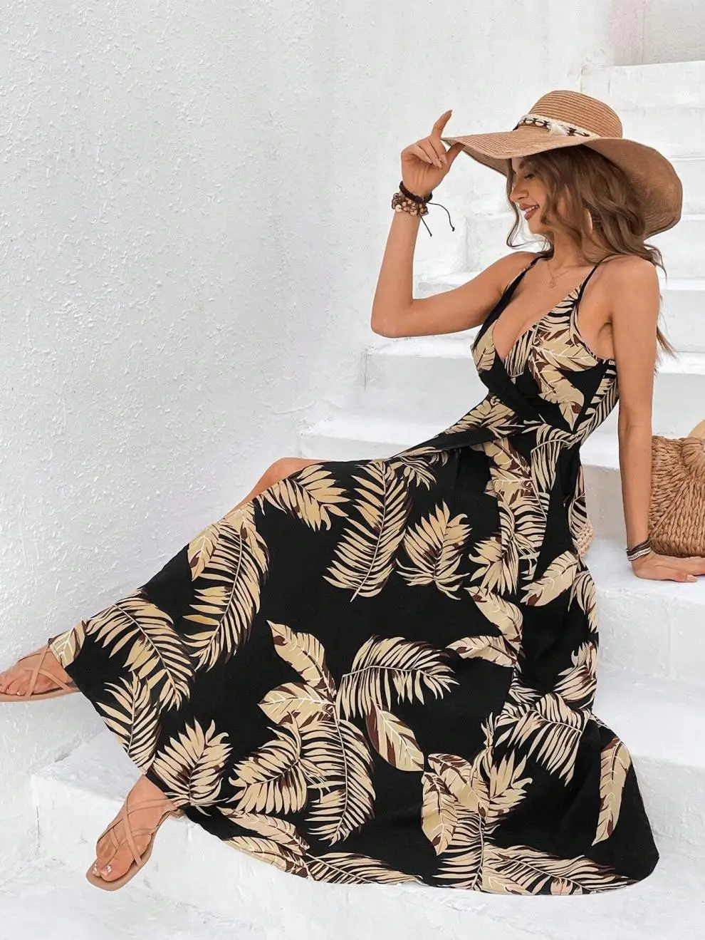 Fashion Flower Print Spaghetti Strap Dresses Women Sexy V-neck Backless Slit Long Dress Bohemian Style Vacation Beach Vestidos