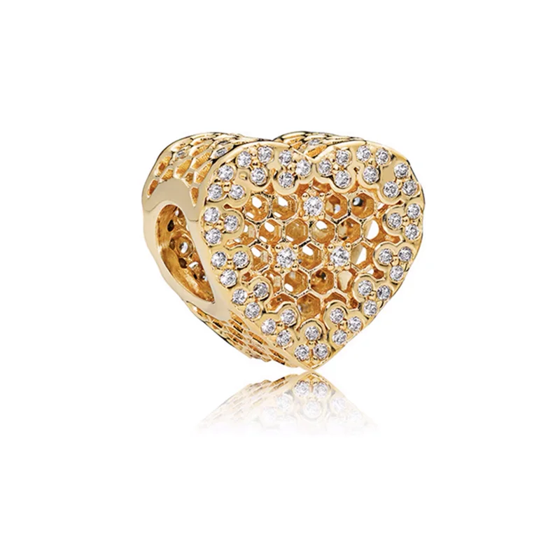 Authentic Fine Golden Pendant Eternal Heart-Shaped Charm Beads Fit Original European 925 Silver Bracelet DIY Women Jewelry Gifts 6