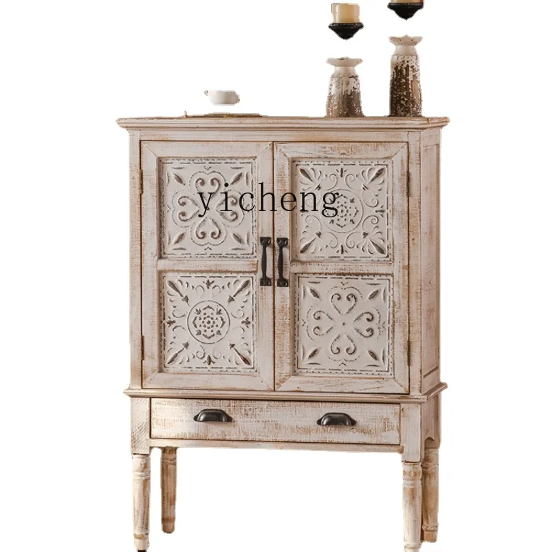 

Zf Solid Wood Retro Vintage Carved Cabinet Living Room Curio Cabinet Entry Door Facing Entrance Cabinet