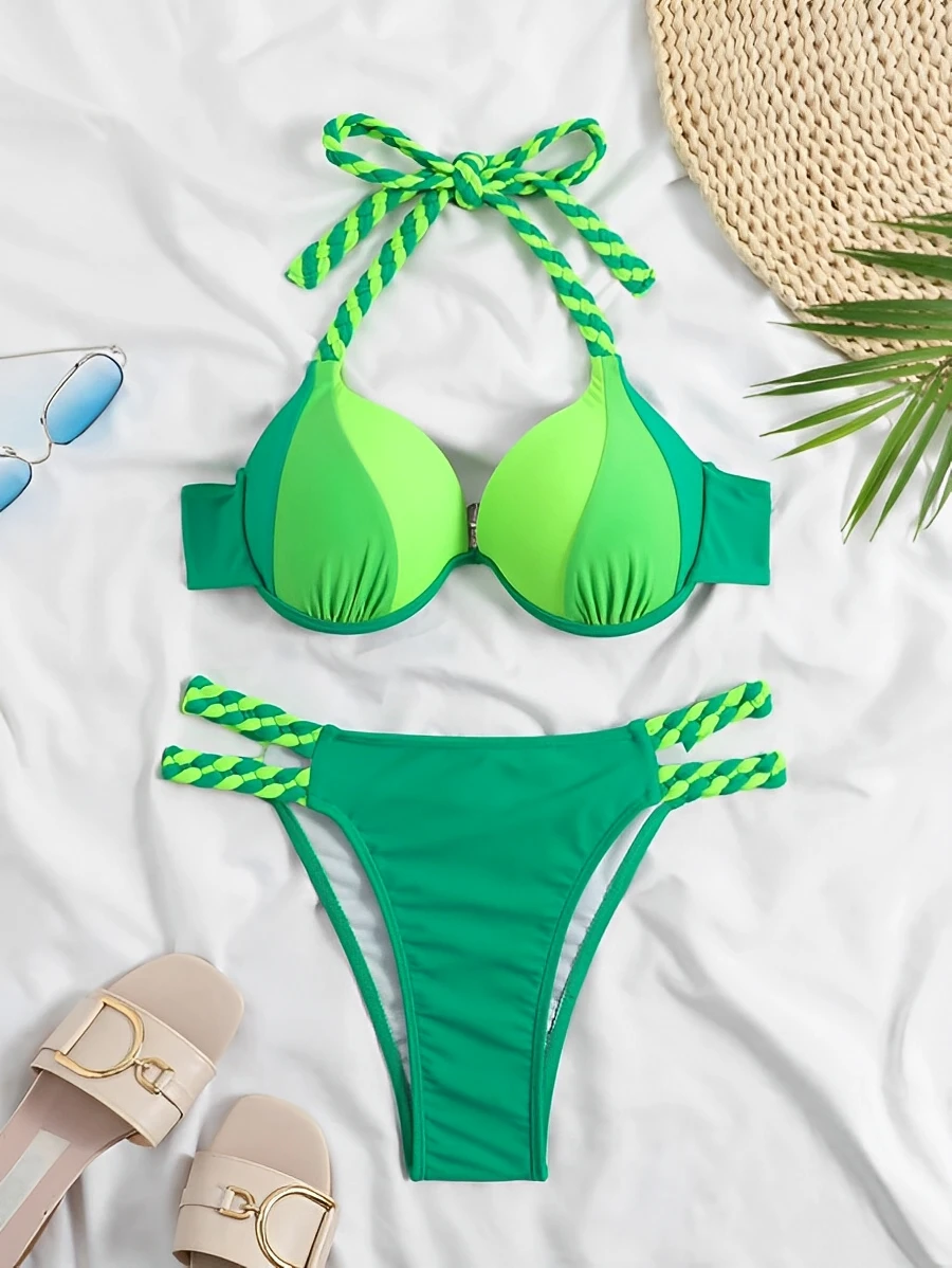 Colorblock Halter Push Up Bikini