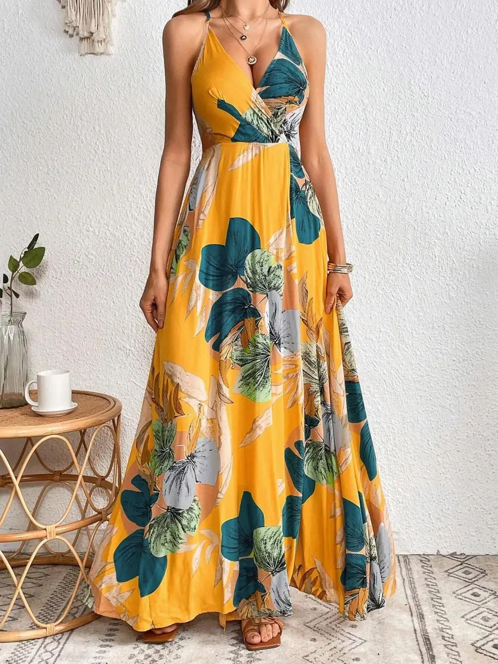 Fashion Flower Print Spaghetti Strap Dresses Women Sexy V-neck Backless Slit Long Dress Bohemian Style Vacation Beach Vestidos