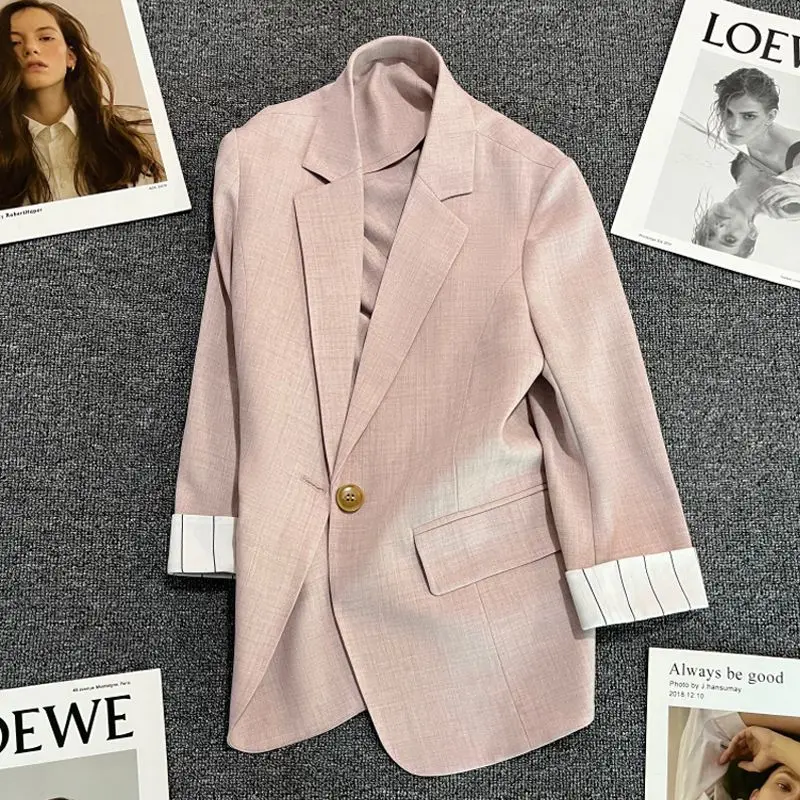 

Women Thin Blazer New Female Spring Summer Long Sleeve Suit Jacket Cuff Stripes One Button Black Coat Casual Slim Blazers Tops