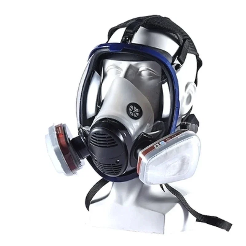Masque FFP3 bleu avec soupape, vue de profil, protection respiratoire haute filtration.