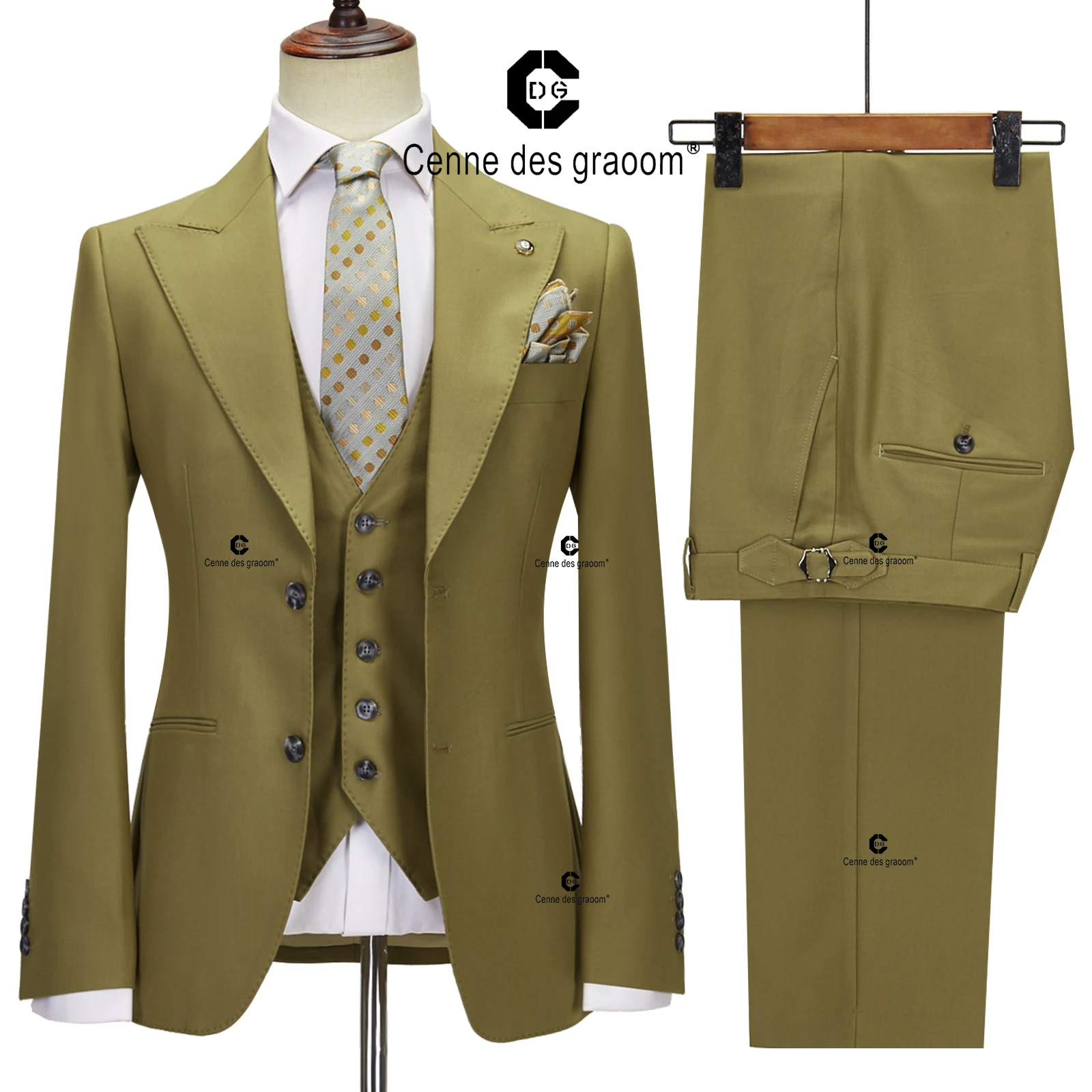 Cenne Des Graoom Classic Fit 2 Button Formal Suits for Men Solid Color Blazer Vest Pants Set Business Meeting Wedding Daily Use