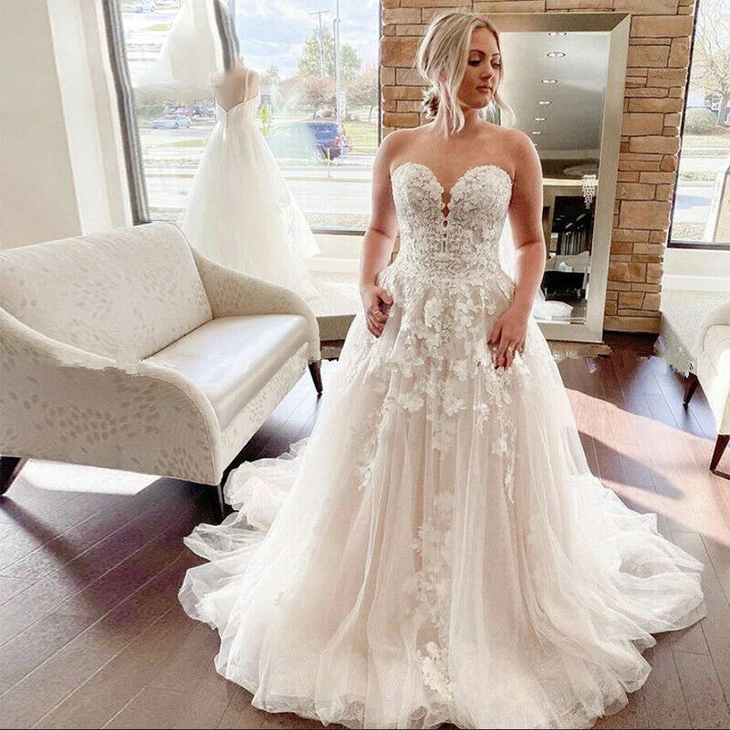

Sweetheart A-Line Appliques Tulle Princess Long Bridal Dress Corset Sleeveless Wedding Dresses Custom Made